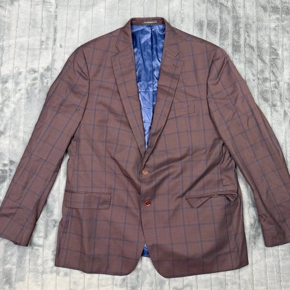 Hart Schaffner Marx Mens 48L Brown Windowpane Plaid 100% Wool Blazer Sport Coat